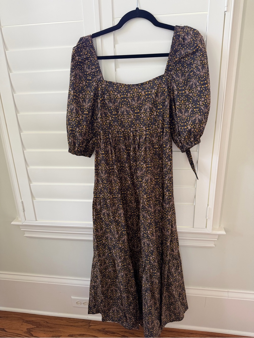 Anthropologie Navy Floral Midi Dress with Puff Sleeves